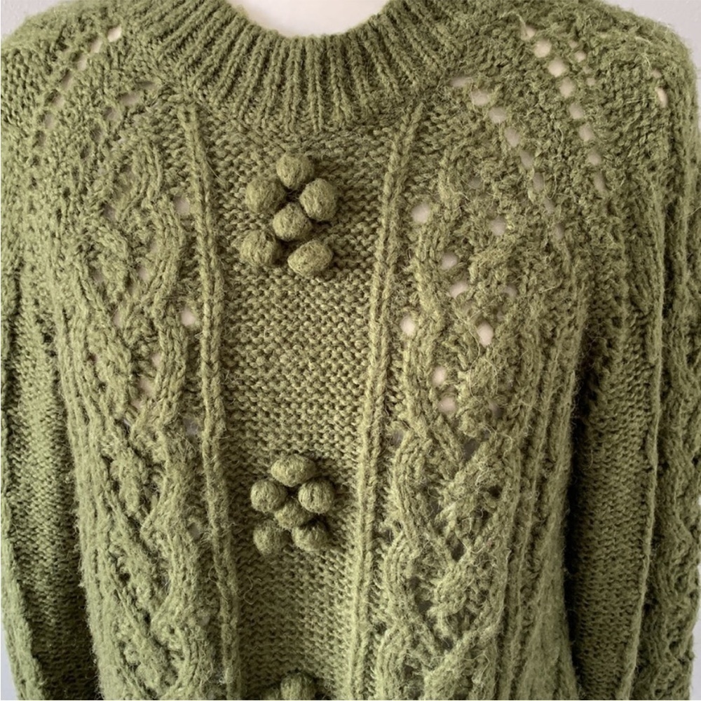 J. Crew Cable Knit Pointelle Alpaca Wool Blend Sweater Popcorn Flowers Green - Picture 4 of 10